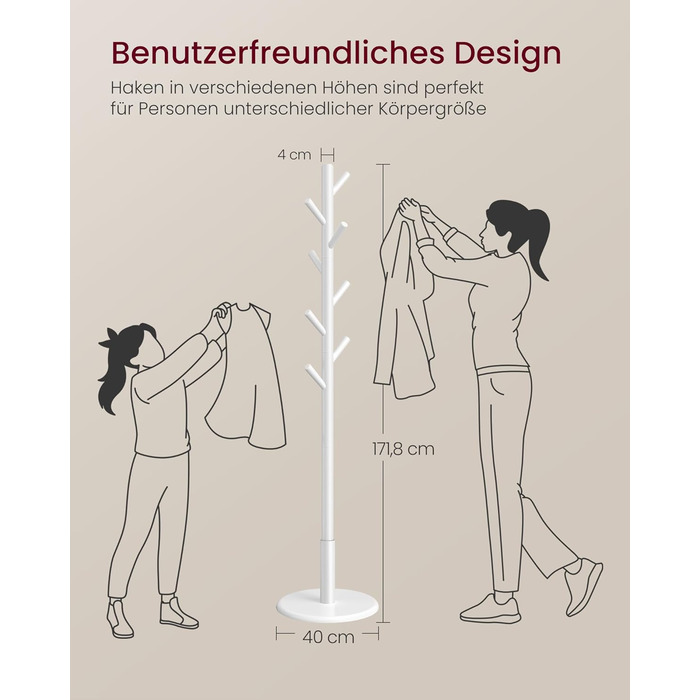 Стійка для одягу VASAGLE, дерев'яна, у формі дерева, з 8 гачками, для передпокою, RCR010B01 (Хмарний білий)
