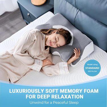 Ортопедична подушка Elviros з Memory Foam для тих, хто спить на боці, з підтримкою шиї, для зняття болю в шиї та плечах, 53.8x11/9x33 см, блакитна