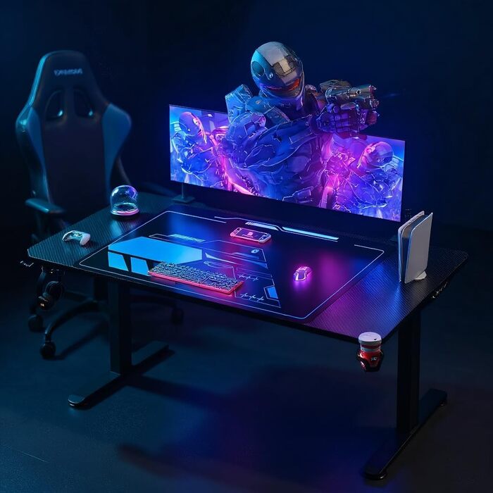 Ігровий стіл Himimi 180x70x80 см з LED підсвічуванням, стільниця з карбону, органайзер для кабелів, тримач для напоїв та кріплення для навушників (Чорний)