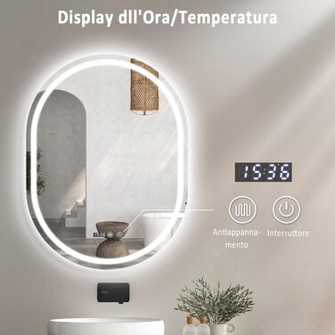 Дзеркало для ванної кімнати YU YUSING з підсвічуванням 80x60 см LED, 3 кольори світла, регулювання яскравості, антизапітніння, сенсорний вимикач, таймер, загартоване скло, IP44, овальне