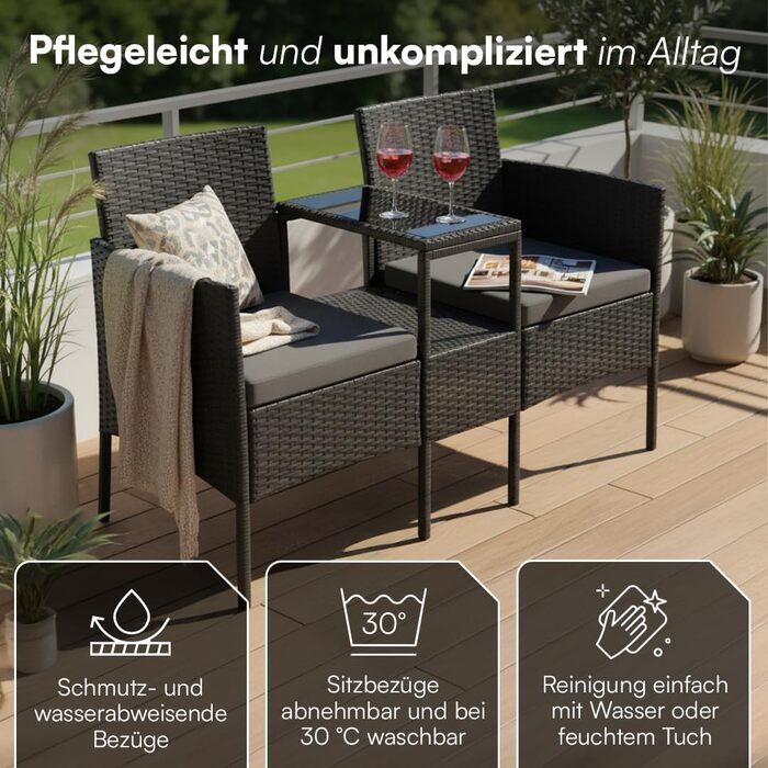 Садова лавка STEELSØN Velara з вбудованим столиком, ротангова 2-місна, чорна з подушками - вуличні меблі, стійкі до погодних умов, для тераси та балкона (до 320 кг), з скляною полицею, сталевий каркас