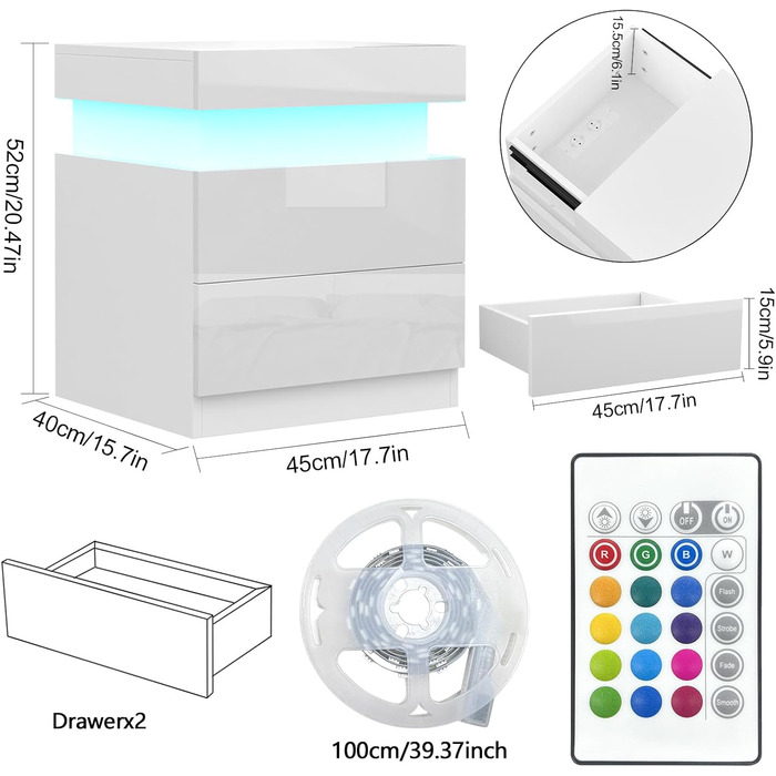 Тумбочка Lvhcmfohm з розеткою, LED підсвічування, 3 ящики, приховані розсувні шафи, білий, набір з 2 шт.
