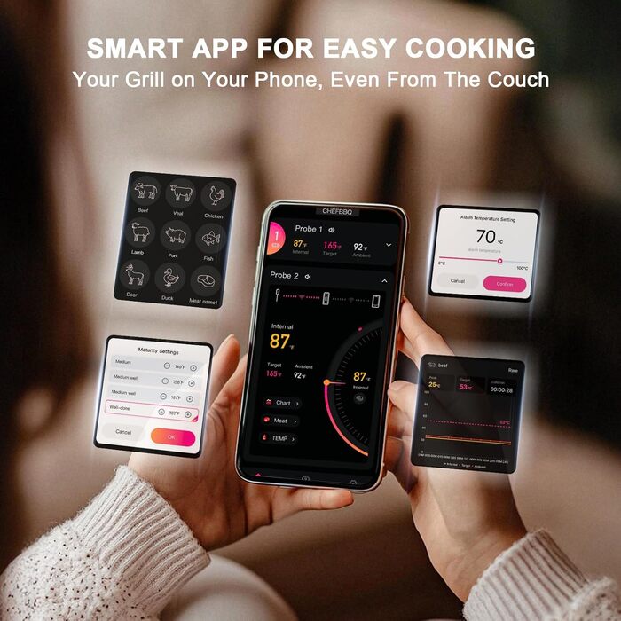 Цифровий термометр для м'яса – миттєвий термометр для гриля та продуктів харчування, бездротовий, ультратонкий зонд з двома датчиками 0,19 дюйма, Bluetooth 5.2, радіус дії 243,8 м, сповіщення через додаток, водонепроникний IP67 (набір з 4 зонди)