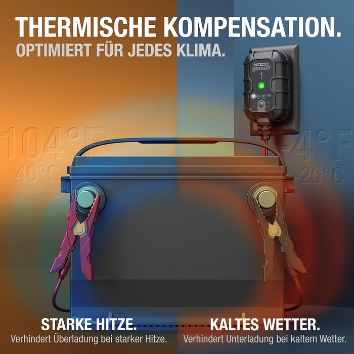 NOCO Genius1: Інтелектуальне зарядне пристрій для акумуляторів 1A 6V/12V - Автоматичний зарядний пристрій, десульфатор з захистом від перезаряду та температурною компенсацією – Для свинцево-кислотних та літієвих акумуляторів