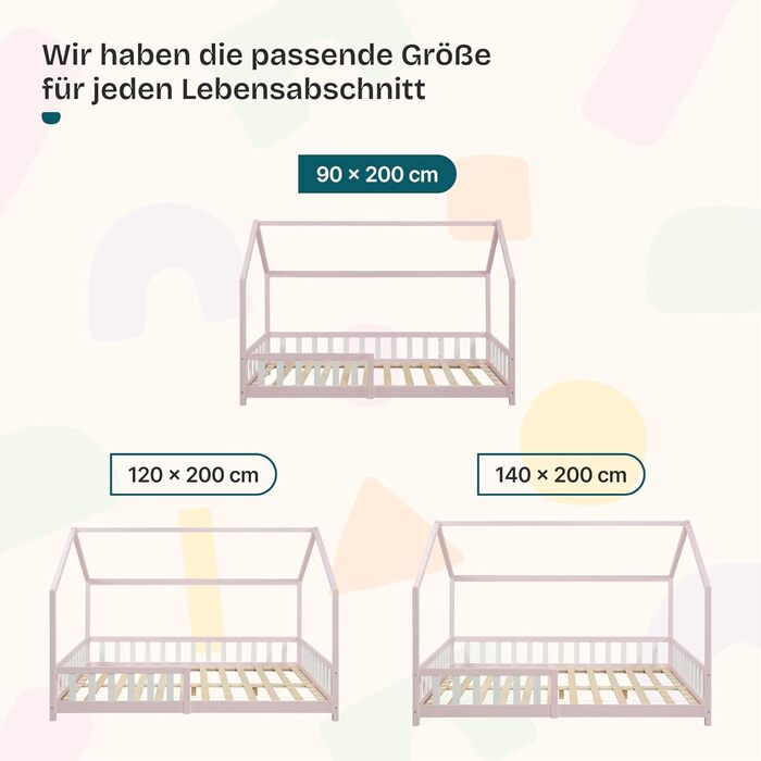 Дитяче ліжко en.casa Hesel для дітей, рожеве, 90x200 см, з бортиками та ламелями, Montessori, дерев'яне, Hausbett