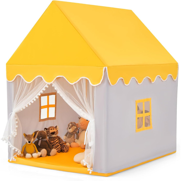 Дитячий намет DREAMADE з м'якою дахом та вікнами, дерев'яний каркас, ігровий будиночок, намет Тіпі для дітей, жовтий