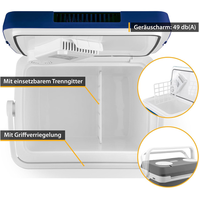 Електричний охолоджувач TZS First Austria 32 літри Підключення 12 вольт і 230 вольт з вилкою 12 В для автомобіля для кемпінгу, фестивалів і подорожей з функцією охолодження та збереження тепла чорний (32 л Синій)