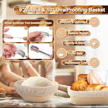 Набір для закваски з 10 шт: круглі та овальні корзини для вистоювання тіста, скляні банки для закваски 730 мл, аксесуари для хрусткої скоринки, для початківців та професіоналів