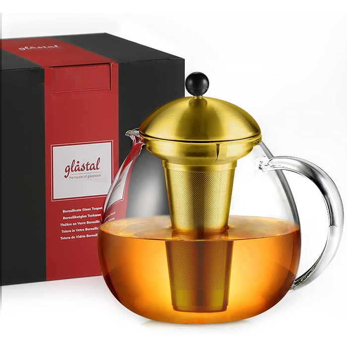 Скляний скляний Срібний чайник з нержавіючої сталі 18/8, ситечко для чаю з боросилікатного скла, чайник, підходить для підігріву чаю (Тип5-1, Золотий чайник, 1500 мл)