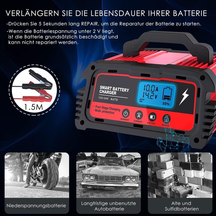 Зарядний пристрій для акумулятора 12V/24V LEICESTERCN - Автомобільний, мотоциклетний, з LCD, 5/10/25A, 6-ступінчастий, з багаторазовим захистом