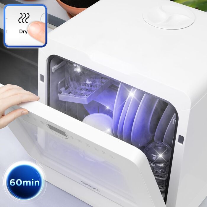 Настільна посудомийна машина Duronic DW5 BK, міні, 6 програм, 3 комплекти посуду, бак 5 л, без підключення до води
