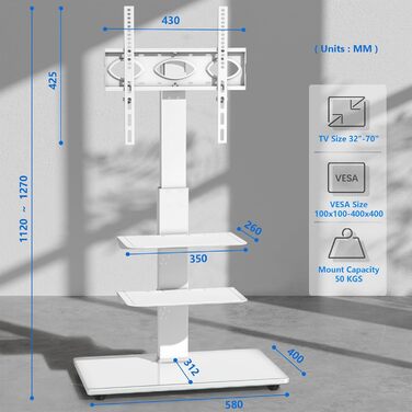 Підлогова підставка для телевізора RFIVER білого кольору з 3 полицями, регулюється по висоті та обертається на 32-70 дюймів, макс. 50 кг