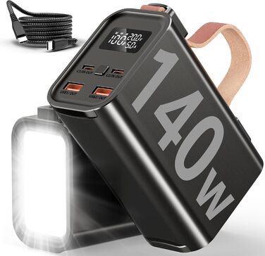 Портативний акумулятор для ноутбука 140W, 50000mAh: Power Bank з LED дисплеєм, PD3.1, QC4.0, 4 виходи та 2 входи (Чорний)