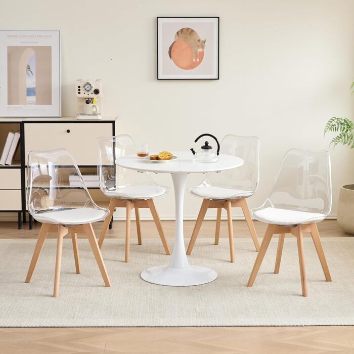 Набір з 6 сучасних стільців для їдальні, кухонних стільців з м'яким сидінням та буковими ніжками для спальні, вітальні, їдальні, кухні – (прозора + біла підкладка з PU шкіри, набір з 6 шт.)