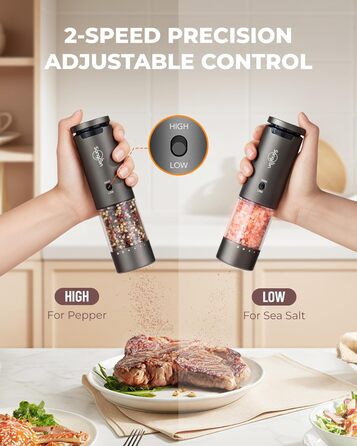 Електричні млини для солі та перцю Sangcon, 2 швидкості, перезаряджувані, 6 ступенів помелу, автоматичний набір з док-станцією, для зручного використання, сірий + чорний