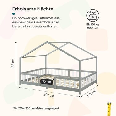 Дитяче ліжко Treviolo Hausbett від en.casa: дерев'яне ліжко Montessori з захистом від падіння, 120x200 см