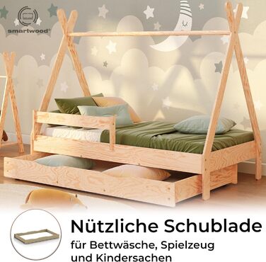 Дерев'яне ліжко-дитяча кімната Smartwood Hausbett Montessori Tipi F з сосни з сертифікатом FSC, захист від падіння, ламелі до 230 кг, для хлопчиків та дівчаток (80x160) з шухлядою