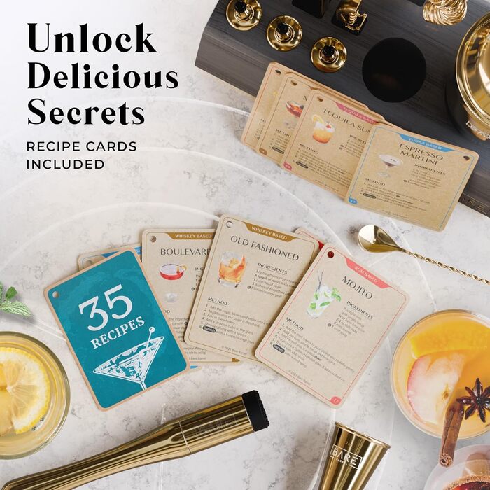 Набір для бармена BARE BARREL® з 14 предметів | Набір шейкерів для коктейлів | Професійний барний інвентар для дому | 35 рецептів + подарунковий набір | Золотий шейкер Cobbler 24oz