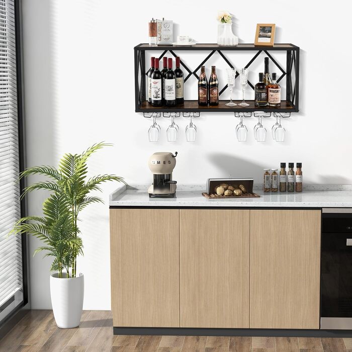 Стильна полиця для вина Komfotteu на стіну з металевим каркасом, з тримачем для келихів, 100 x 25 x 45 см