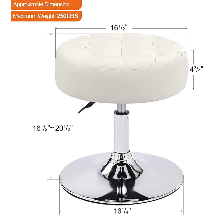 Пуф-стілець для макіяжу Furniliving Mid-Century з регульованою висотою та обертанням; Великий круглий пуф для туалету в спальню або вітальню (Білий)