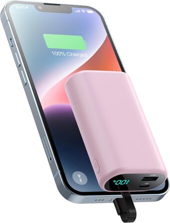 Виходи, LED дисплей, вбудований кабель, сумісний з iPhone - рожевий, 10800mAh, PD 15W, 3