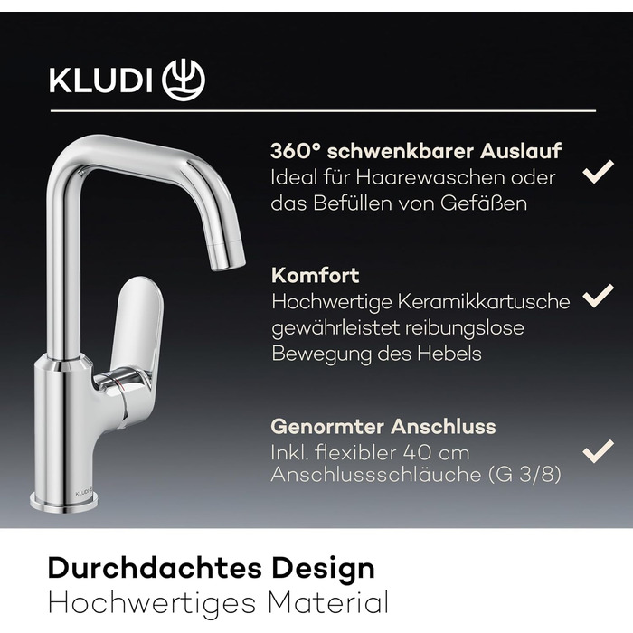 Змішувач для умивальника KLUDI-X1 з витяжним корком, поворотний на 360°, висота виливу 205 мм, водозберігаючий, розмір L, з підключувальними шлангами (без зливної арматури, хром)