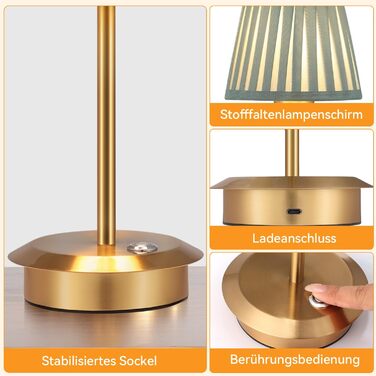 Настільна лампа OUSFOT бездротова, 3 режими яскравості, золота, вінтажний дизайн з абажуром для вітальні, кабінету, спальні, їдальні