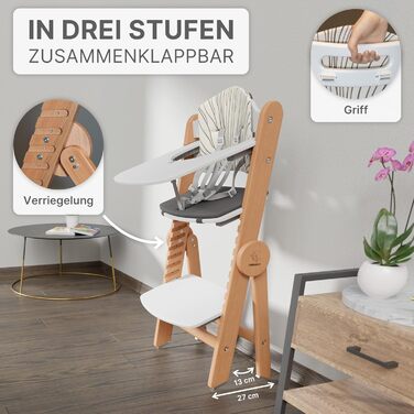 Дитячий стільчик ZWERGHELD® ZS3 Set - преміум якість, з регулюванням, складний, для дітей від 6 місяців до 90 кг, з підносом, дерев'яний (натуральний колір)