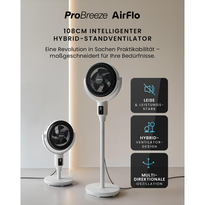 Вентилятор Pro Breeze AirFlo Standventilator: тихий, з пульт, LED-дисплей, 109 см, 2 режими, осциляція, 29 дБ, регулювання висоти, для дому, офісу, спальні, AirFlo WLAN