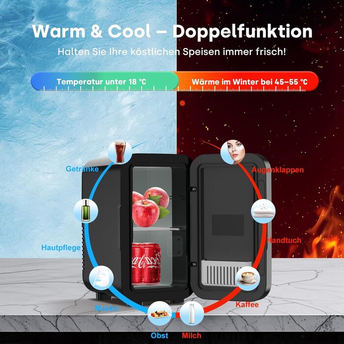 Міні-холодильник Enventor 6л (8 банок), портативний охолоджувач та підігрівач, живлення AC/DC 12V для авто, спальні, косметики та напоїв, чорний