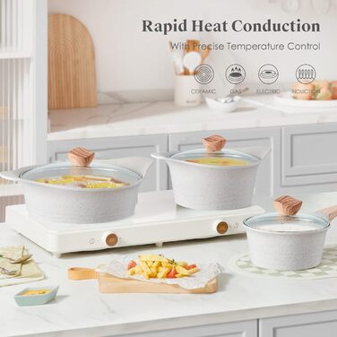 Набір каструль та сковорідок RIOVARM з індукційним дном та знімними ручками, з антипригарним покриттям (граніт), складаний, з силіконовими кришками, без PFOA. Підходить для приготування їжі на індукційних плитах.