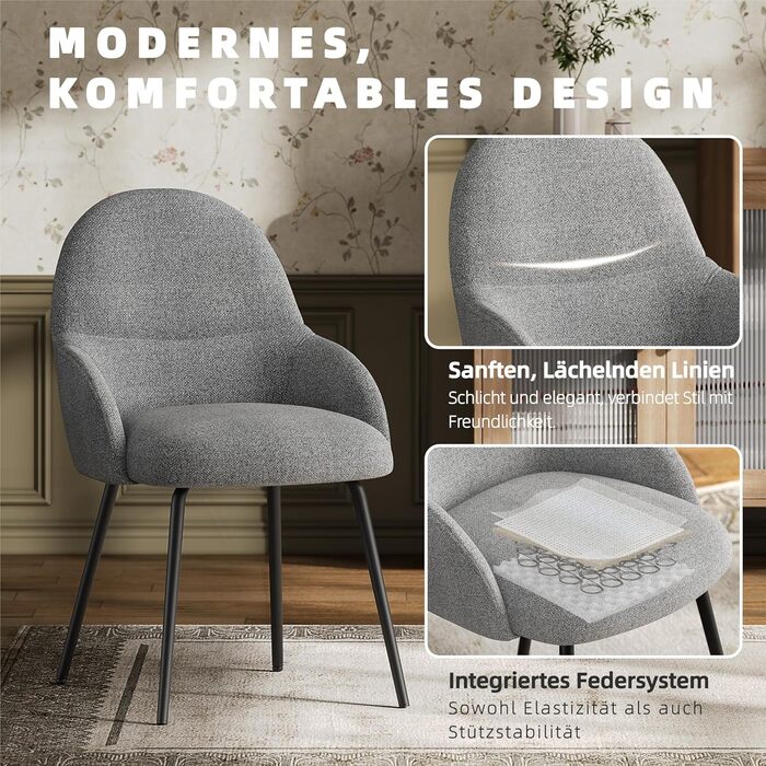 Набір обідніх стільців з підлокітниками – ергономічні м'які стільці, сучасні кухонні стільці з льоновим покриттям та металевими ніжками, для вітальні, обідньої кімнати, кухні, бежевий (2 шт., льон світло-сірий)