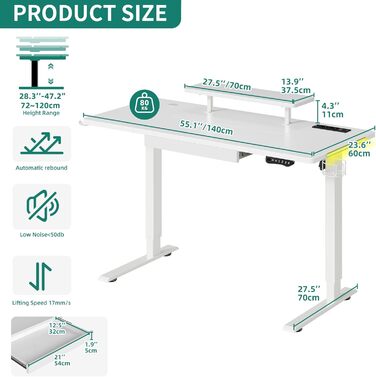 Електричний стіл YITAHOME з регулюванням висоти з USB, розетками, світлодіодом, лотком для клавіатури, 140x60 см, білий