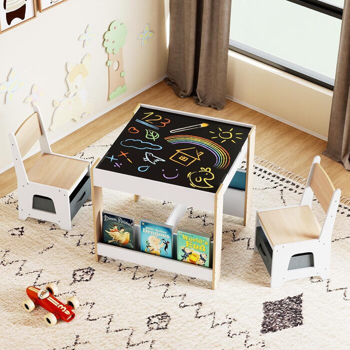 Детский стол со стульями COSTWAY 3 в 1, деревянная мебель для детей от 3 лет с откидной столешницей, полкой и ящиками