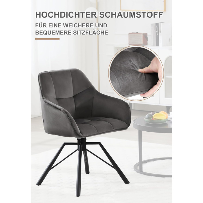 Крісла для їдальні WOLTU (4 шт) з оббивкою з велюру, сірого кольору, з підлокітниками та поворотним механізмом