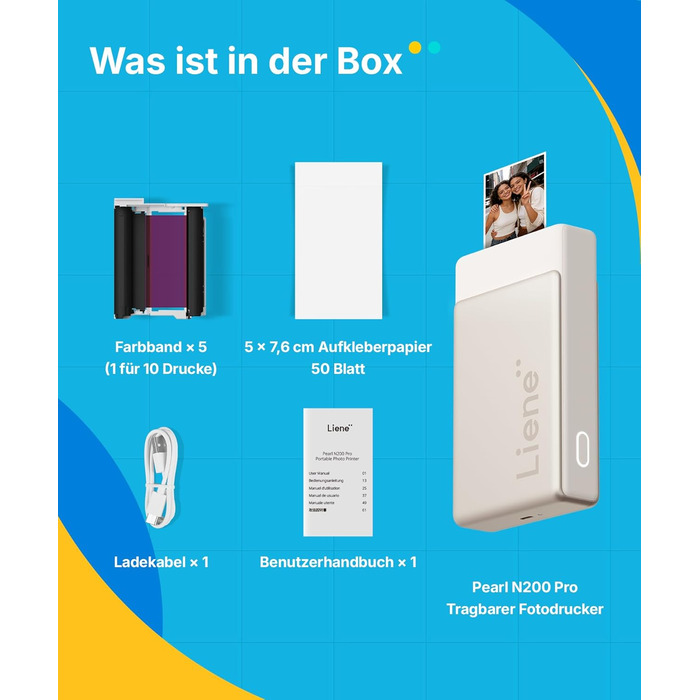 Портативний міні-фотопринтер Liene Pearl N200 Pro з кольоровою сублімацією, 50 фото (5x7,6 см), 5 стрічок, Bluetooth, 300 dpi, для iPhone & Android, акумулятор, золотий колір