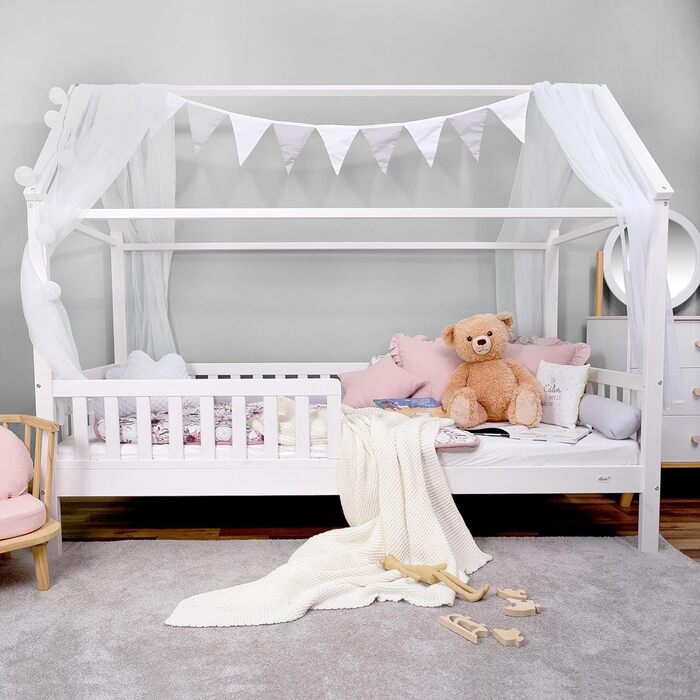 Ліжко Alcube house HYGGI 90x200 см - універсальне дитяче ліжко з масиву дерева із захистом від падіння та рейковим каркасом (80х160 см, біле - з матрацом)