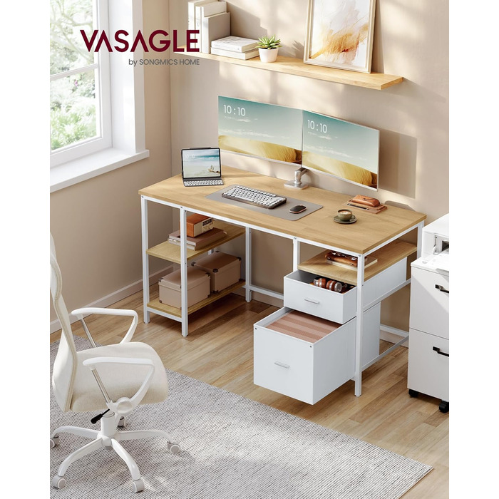 Комп'ютерний стіл VASAGLE з 3 полицями та 2 ящиками, 140 x 60 x 76 см, для офісу та вітальні, сучасний стиль, колір: natureichenfarben + perlweiß