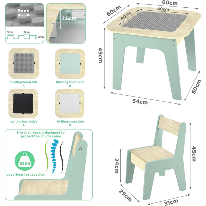 Дитячий стіл Mamizо з 2 стільцями: комплект меблів для дитячої кімнати, стіл для малювання та ігор, зелений