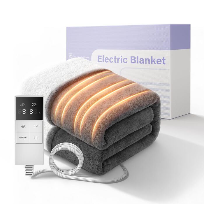 Електрична ковдра з автовимкненням та 9 зон нагріву 200x180 см, таймер 1-9 год з функцією пам'яті, швидкий нагрів та рівномірний розподіл тепла, двостороння фланель та штучне хутро
