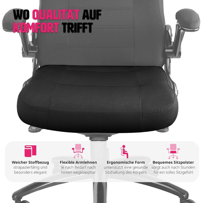 Офісний крісло tectake з регульованими підлокітниками та функцією гойдання, обертовий крісло з регулюванням висоти та роликами, крісло для керівника з тканинним покриттям, ергономічне офісне крісло, комп'ютерне крісло - чорне