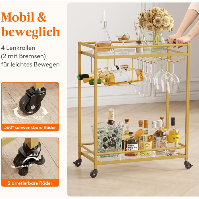 Візок кухонний LifeWit з 3 рівнями, сервірувальний візок на колесах, візок-бар для кухні, вітальні, їдальні, офісу (золотий, 60x30x71 см)
