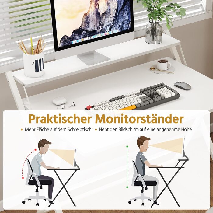 Зламуваний стіл Yaheetech 80 см, комп'ютерний стіл з полицею, двоступеневий робочий стіл з підставкою для монітора, стіл для ноутбука для домашнього офісу/маленьких кімнат/вітальні, білий, 80 см x 50 см, білий, 106.5x60.5x90 см