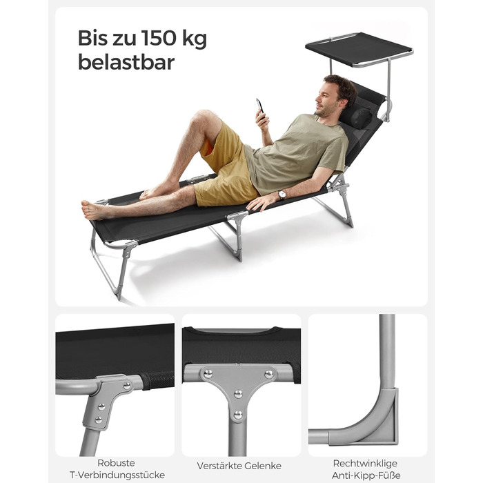 Лежак для відпочинку SONGMICS, розкладний, 193 x 53 x 29 см, до 150 кг, захист від сонця, подушка, регульована спинка, для саду, басейну, тераси (Чорний)