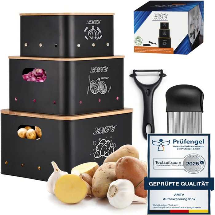 Набір контейнерів для зберігання картоплі, цибулі та часнику (3 шт) – Преміум-контейнери з циркуляцією повітря, вінтажний стиль, чорний колір