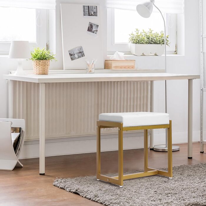 Пуф-стілець для макіяжу, білий та золотий, з штучної шкіри, для ванної кімнати, спальні, вітальні