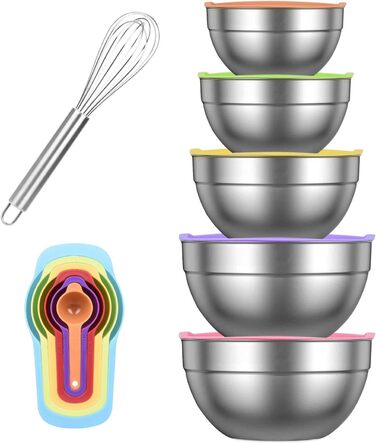 Набір місок для перемішування, 5 шт. з нержавіючої сталі, салатник з кришкою для кухні, приготування їжі, випічки, з 6 мірних ложок та вінчиком