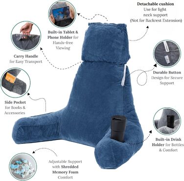 Storrejoy Велике крісло-лежак для читання з підголовником, кишенями та тримачем для книги/планшета (антрацит, блакитний)