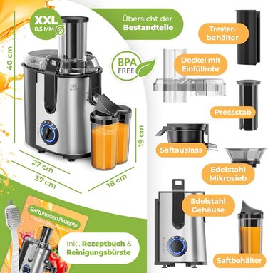 Електрична соковитискачка KESSER® Zentrifuge з нержавіючої сталі, 1100W, велика трубка для завантаження, 3 швидкості, сірий/сріблястий колір