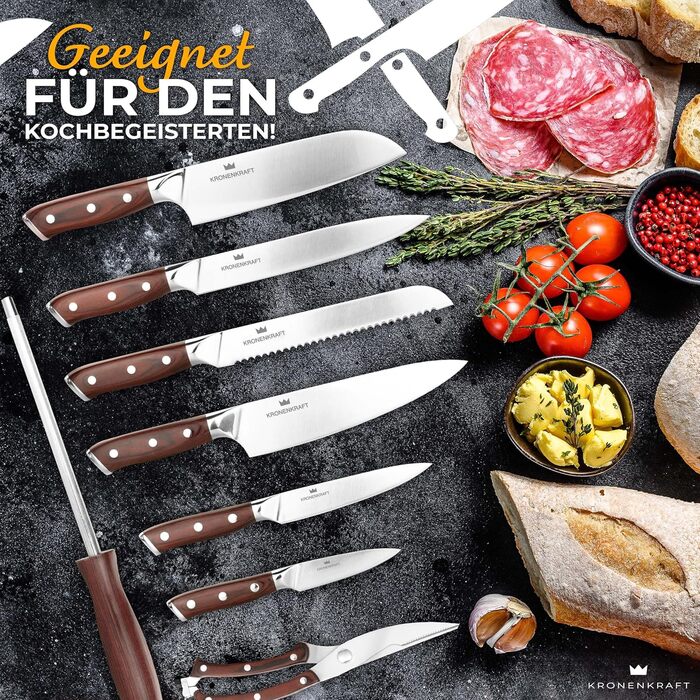 Набір кухонних ножів Kronenkraft 9-ти частинний з підставкою: 6 ножів, куряча ножиця та точилка. Матеріал ручки: Pakkaholz. Включає саторі, ніж кухаря, хлібний ніж.